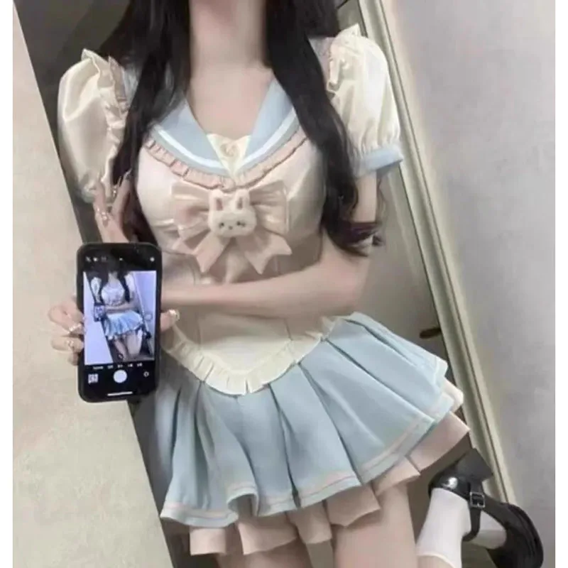 ญี่ปุ่น Jk 2 ชิ้นชุดผู้หญิงฤดูร้อนแขนสั้นหวาน T เสื้อเลดี้สูงเอว Ruffles Slim กระโปรง