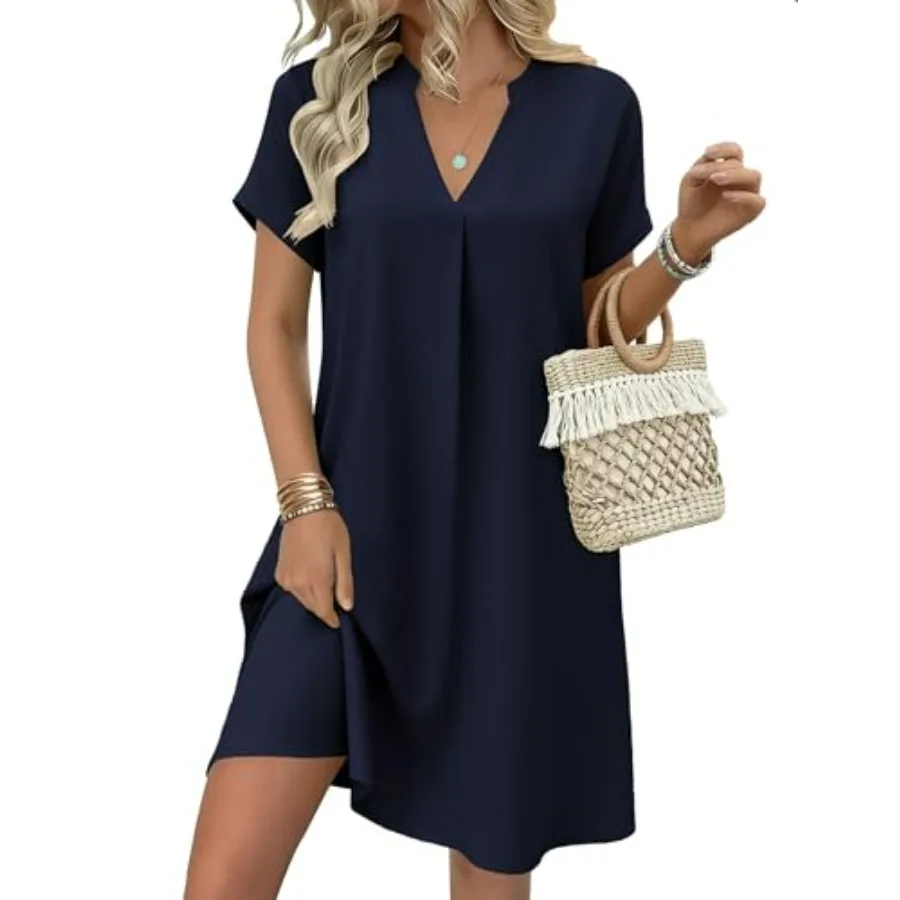 

Zeagoo Summer Dresses for Women Short Sleeve Shift Dress V Neck Casual Mini Beach Vacation Boho Sundress with Pockets