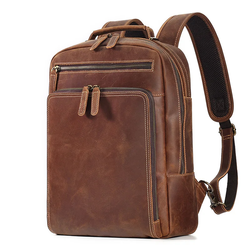 Retro Genuine Leather Backpack Large Capacity 15.6 Inch Crazy Horse Leather Computer Bag High-end Travel Backpack