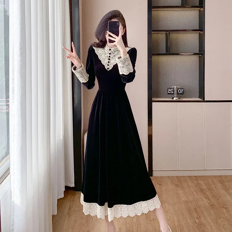 French Hepburn Style Black Dresses Women Retro Lace Patch Stand Collar Long Sleeve Velvet Vestido Fashion Feminine Elegant Dress