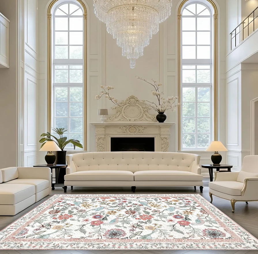 Vintage Bird and Flower Pattern Carpet Soft Toned Floral and Bird Print Non-Slip Carpet Mat Suitable for Living Room Bedroom Home Decoration