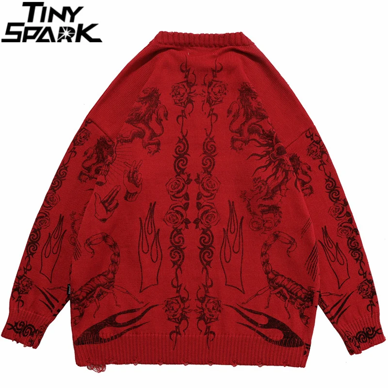 Hip Hop Knitted Sweater Streetwear Rose Eye Scorpion Print Ripped Pullover Men Harajuku Cotton Casual Autumn Sweater Skull