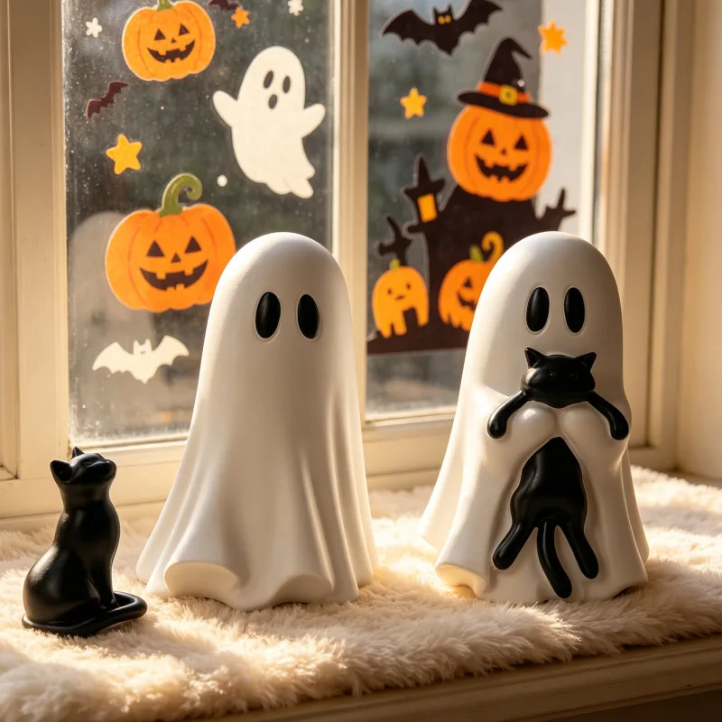 Cute Spooky Ghost & Black Cat Resin Figurine Halloween Tabletop Decoration Desktop Ornament for Home Party Supplies
