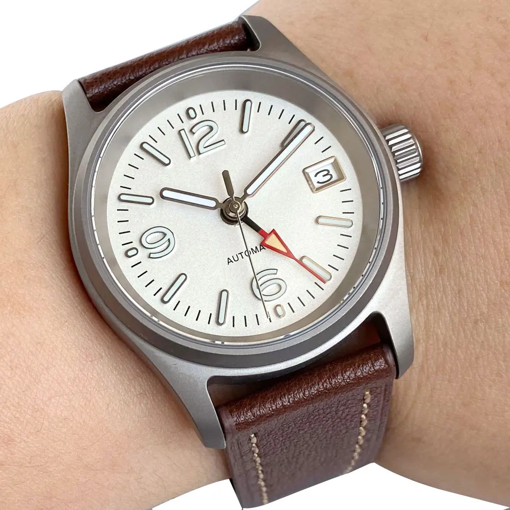 تخصيص الطيار التيتانيوم حالة 36 مللي متر المجال NH34 ساعة أوتوماتيكية الرجال 20ATM الياقوت الزجاج تاريخ نافذة المسمار تاج حزام من الجلد