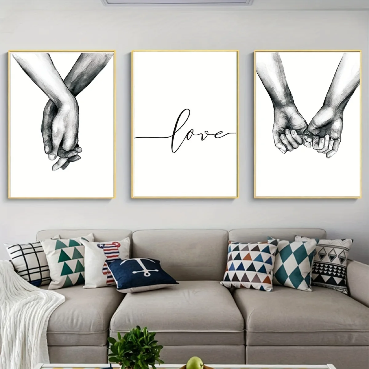 3pcs Black & White Minimalist Couple Holding Hands Frameless Canvas Love Text & Line Art Heart Poster Home Decor for Living Room