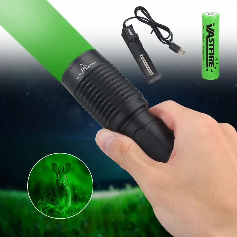 LED Tactical Hunting Flashlight Zoom Green/Red/Blue/White Torch Waterproof Outdoor Lighting with Switch USB Rechargeable Lamp