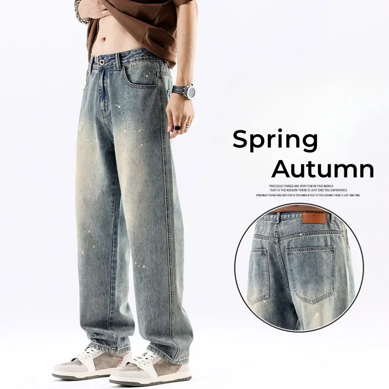 

Pop Fashion Men's Clothing Vintage Jeans Men's Korean Straight Casual Trousers Vintage Baggy Male Denim Pants Streetwear