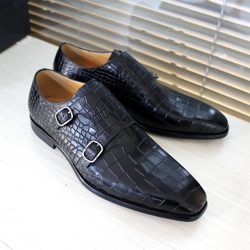Men's Classic Elegant Black Leather Monk Shoes with Buckle Crocodile Pattern for Office Wedding and Party Dress - view 3