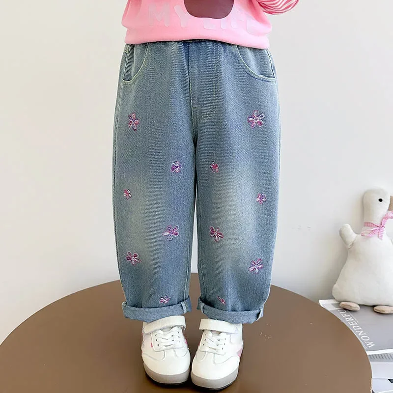 أطفال بنات الأزهار المطرزة الجينز الخريف جديد عالية الخصر فضفاض بنطال ذو قصة أرجل واسعة الكورية الأطفال سراويل جينز 2-7 سنة