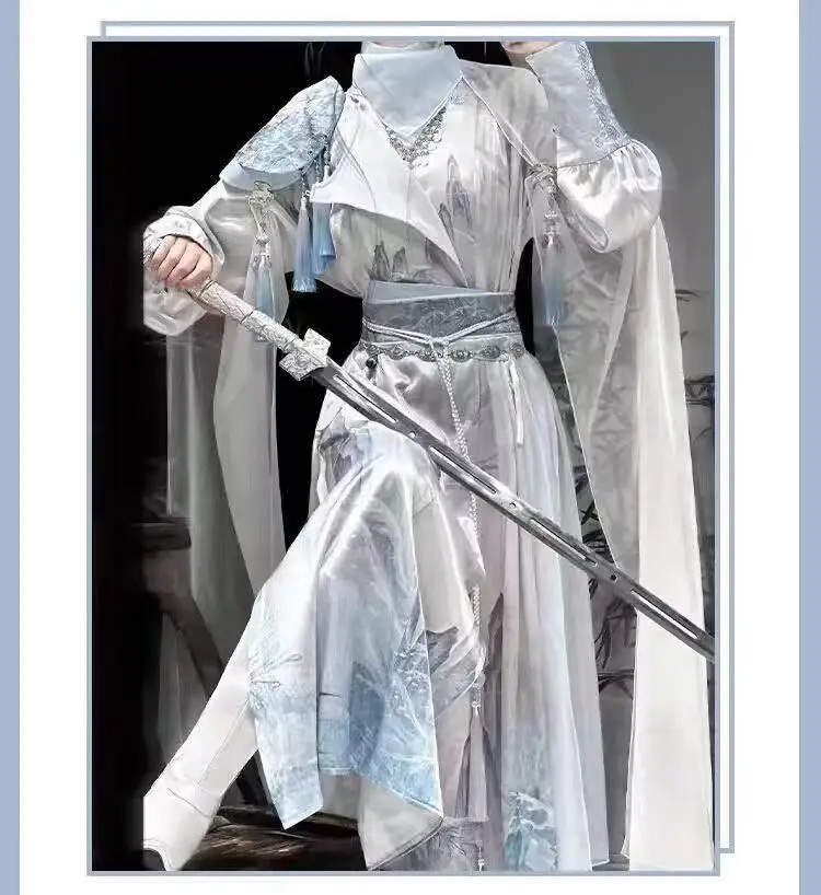 Hanfu Peri Kuno untuk Pria & Wanita, Jubah Leher Bulat Tradisional Tiongkok, Pakaian Cosplay Penembak Pedang untuk Acara Halloween yang Awet Muda