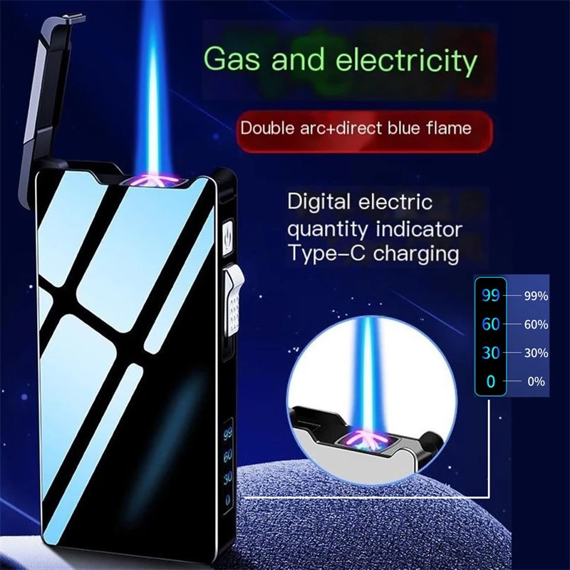 

Многофункциональная газово-электрическая зажигалка 2-в-1 с двойной дугой и струйным пламенем, ветрозащитная, синее пламя, для кемпинга, свечей, подарок