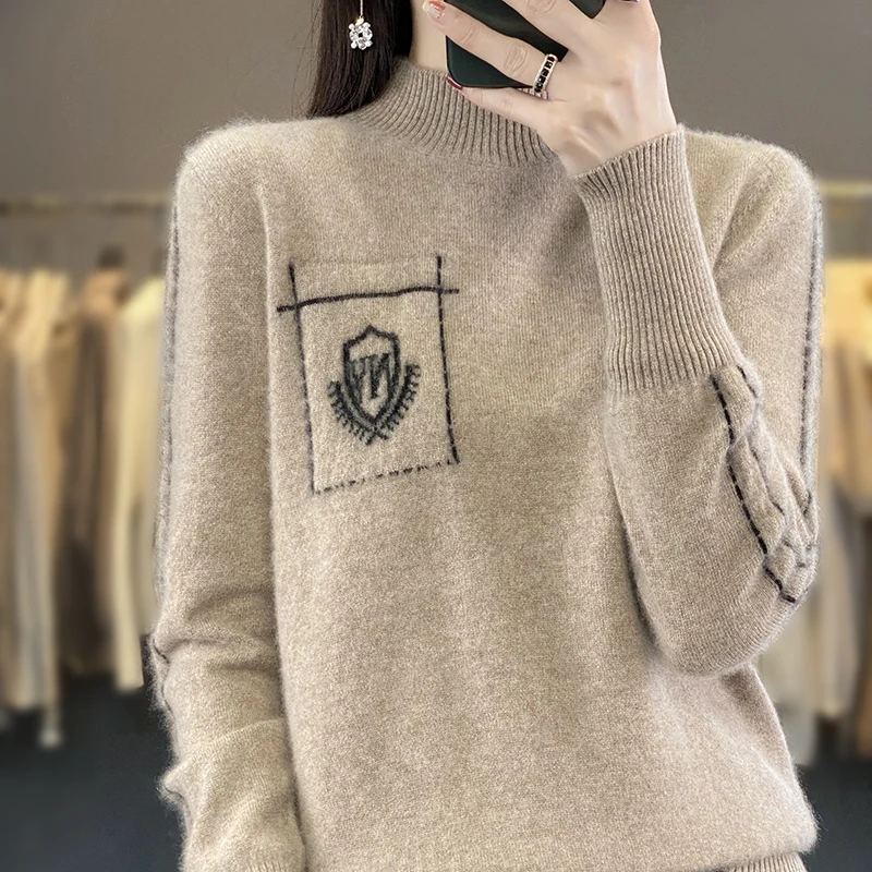 Autumn and winter new 100% merino wool women's semi-turtle neck knitted pullover fake pocket solid color loose fashion top