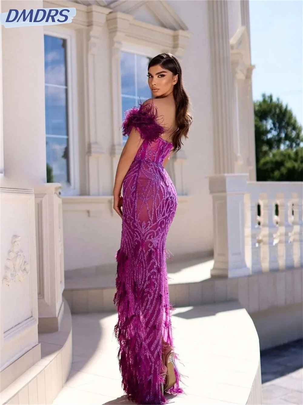 Elegant One Shoulder Sleeve Evening Dress 2024 Se Luxurious Feathered Prom Gowns Simple Floor-Length Dress Vestido de novia