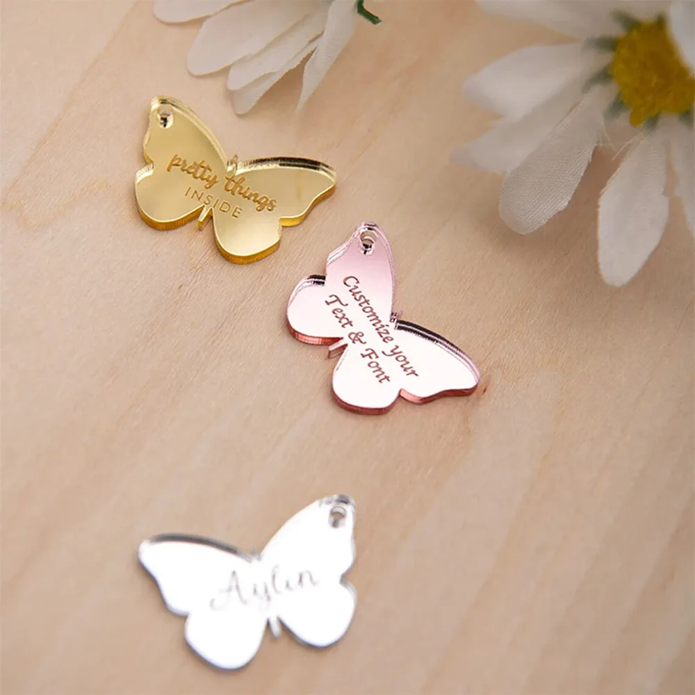 Étiquettes papillon personnalisées gravées, étiquettes acryliques miroir personnalisées, cartes de Table de mariage, étiquettes papillon de baptême, 10/30 pièces
