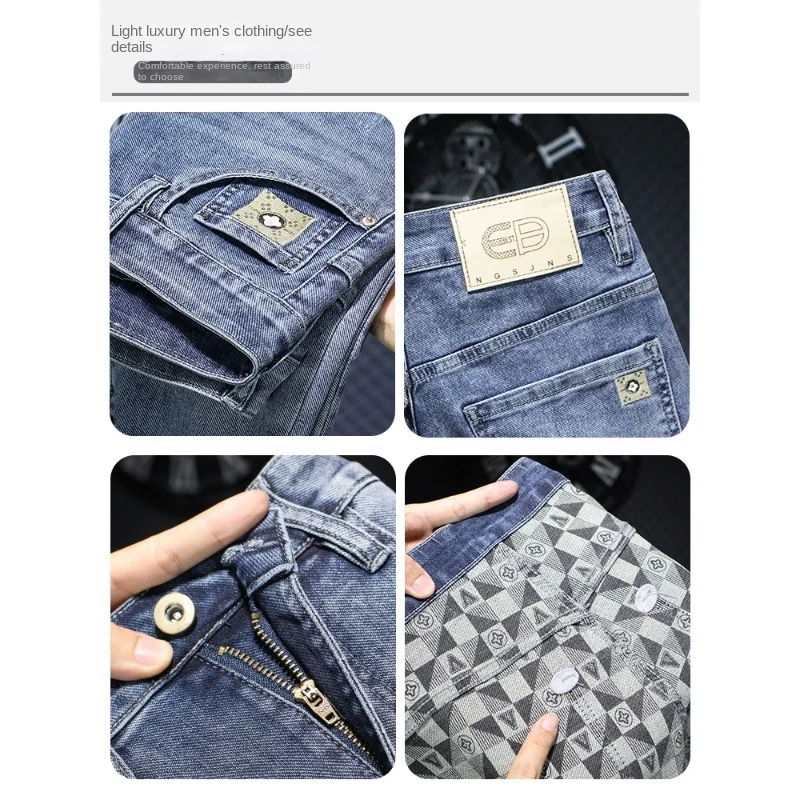 Jeans pria baru Musim Panas 2024 celana tipis high-end print trendi tappered kasual bordir biru muda