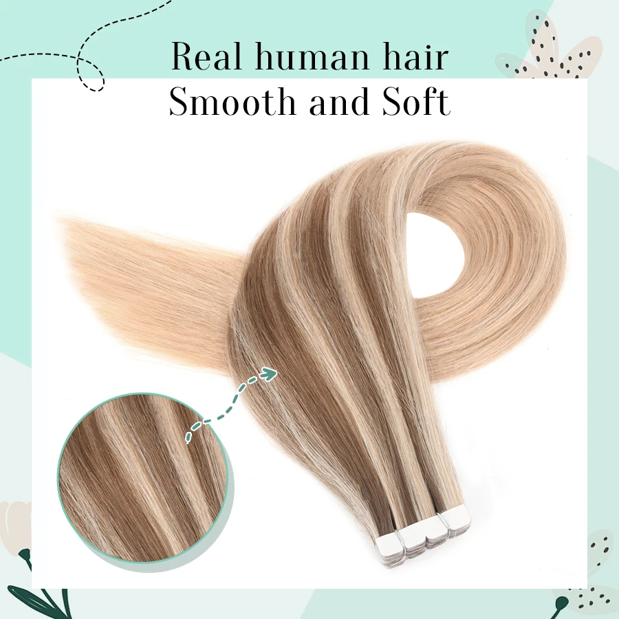 Vlasy 16pcs Mini Tape 100% Human Hair Extensions Strap Seamless Invisible Straight Wigs Long Hair For women 24 inches T Color