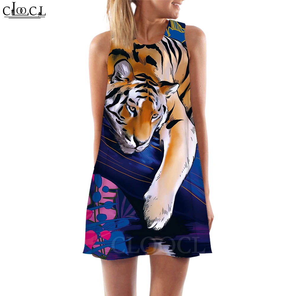 

CLOOCL Harajuku Women Tank Tops Dresses Watercolor Tiger Printed Vest Dress Sleeveless Short Dress Evening Dresses Beach Style