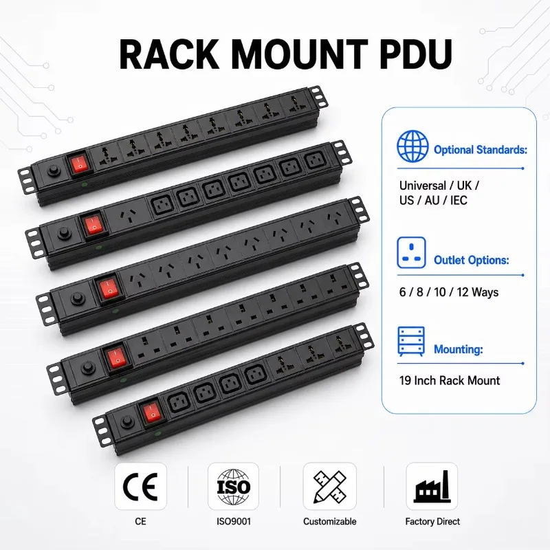 Customizable 19 Inch Rack PDU Power Distribution Unit 6/8 Outlet US UK EU AU Standard for Network Cabinet OEM ODM in Stock Black