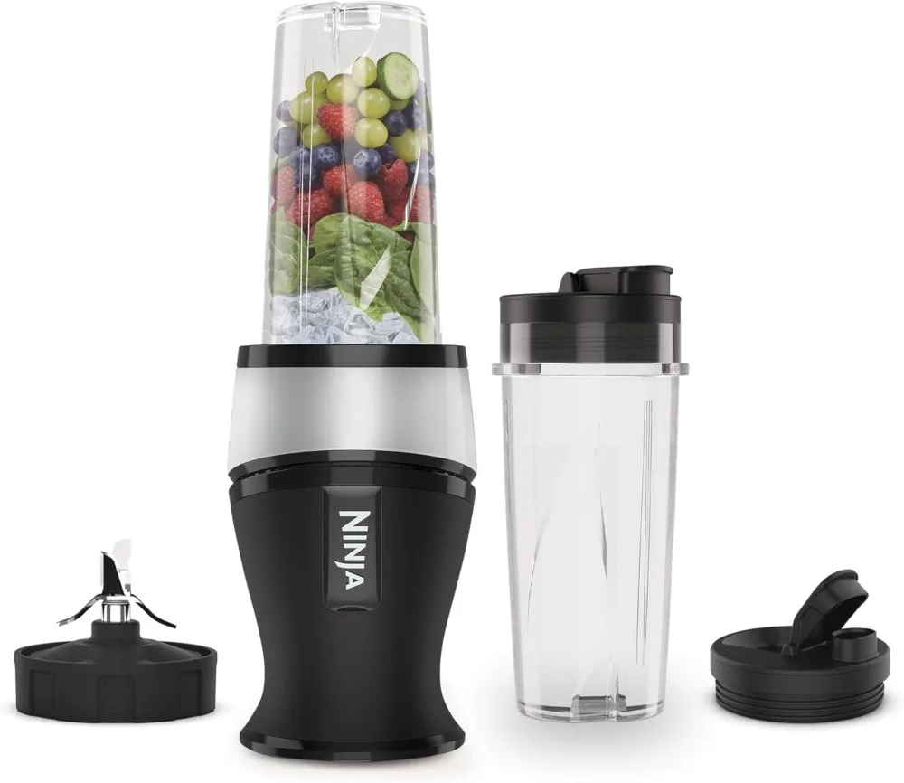 Ninja Slim Batidora de vaso para batidos, 700 W, 2 vasos de 470 ml con tapa con boquilla, batidora individual, tritura hielo y