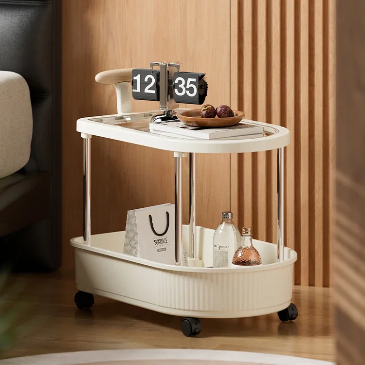 Cream Style Mobile Storage Cart, Multi-Tier Rolling Shelf Unit with Wooden Handles, Versatile Nightstand Snack Cart for Home