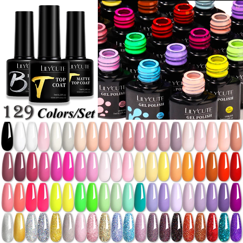 Lilycute 129 farben nagel gel politur set glitter semi permanente hybrid gel lack basis top mantel einweichen aus uv led diy nail art kit