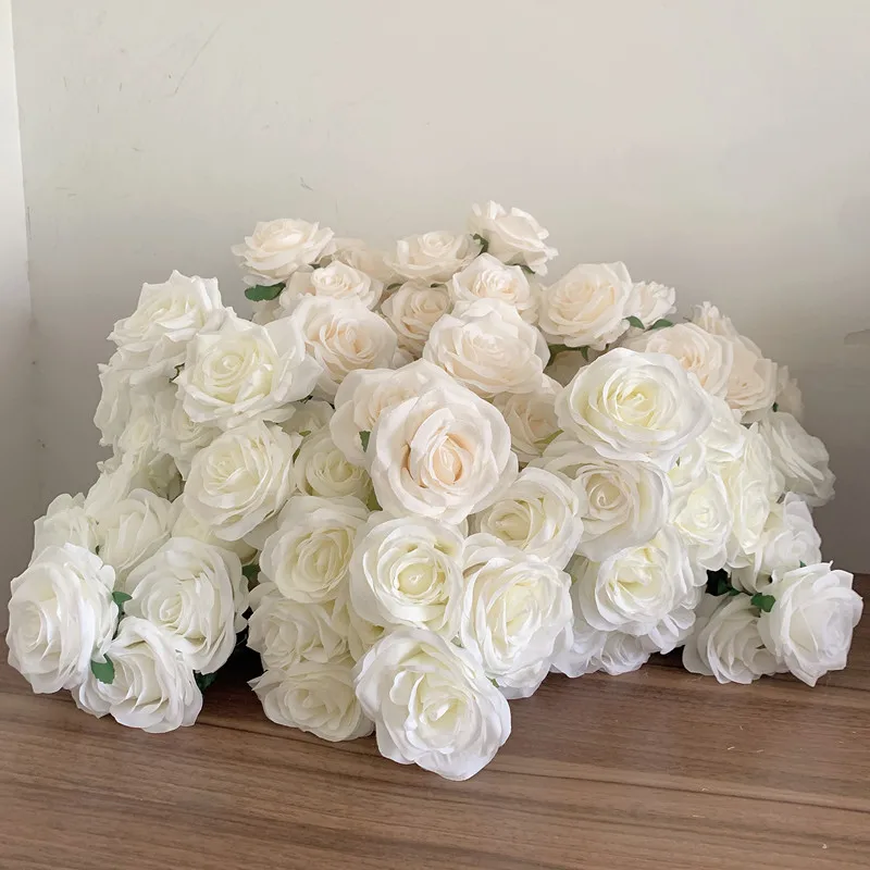 9Heads Roses Bouquet Sztuczny kwiat Mleczna biała kość słoniowa Biała róża Fałszywa róża Dekoracja salonu Ślub
