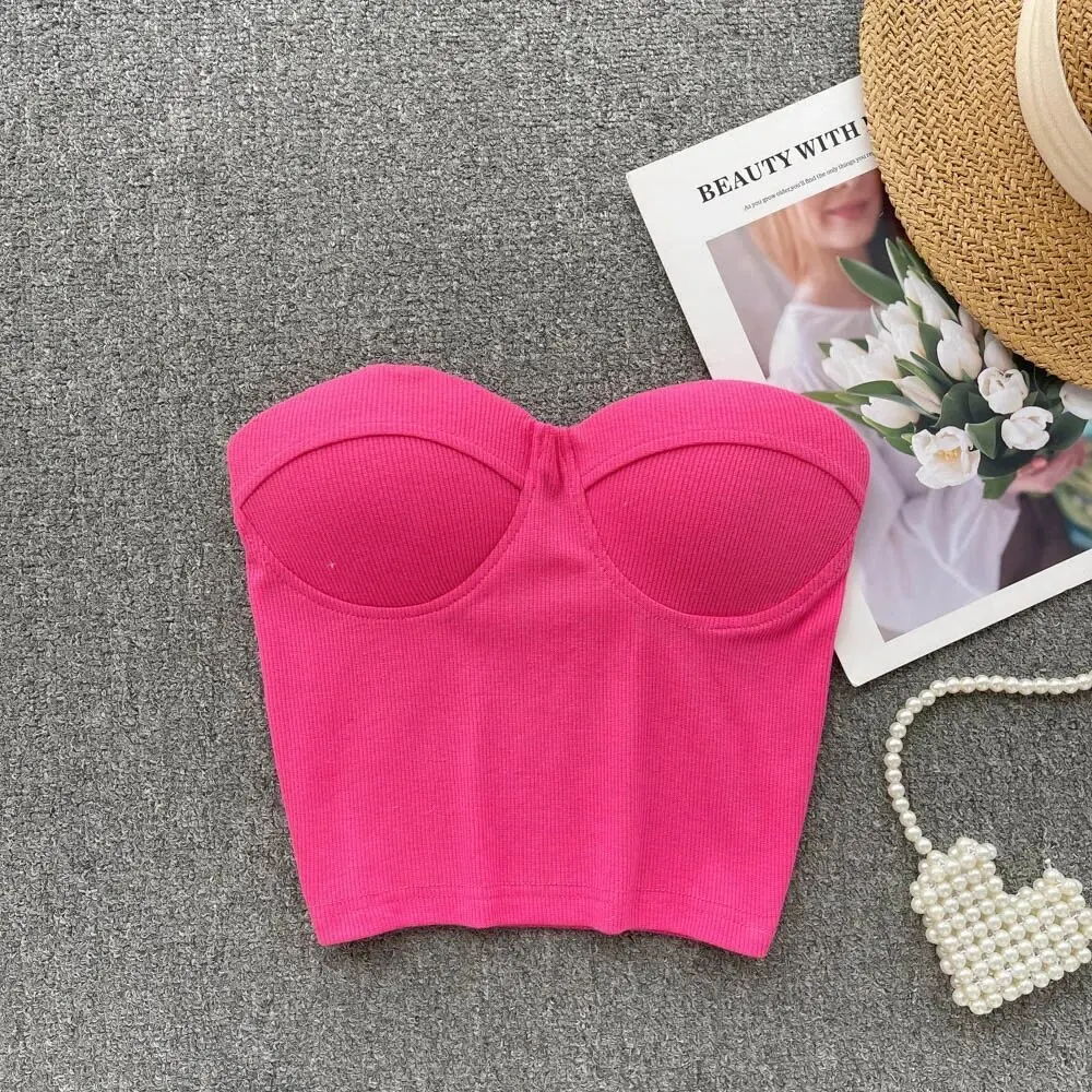 1PCS Strapless Tight Tank Women Summer Casual Solid Color Crop Sexy Sweetheart Neck Strapless Top Summer Fashion