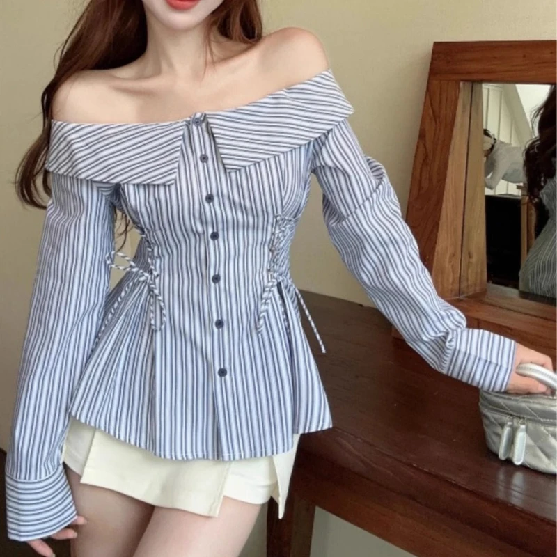 DAYIFUN Women's One Necked Striped Shirt Slim Fit Single Breasted Ladies' Long Sleeved Shirts Sweet Female's Chic Lace Up Tops