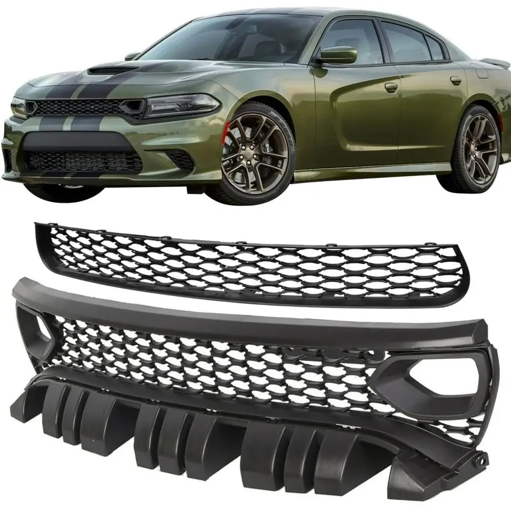 

, Upper & Lower Grilles Compatible With 2015-2023 Dodge Charger SRT/Scat Pack, Front Grill with Air Ducts Unpainted Black SRT St
