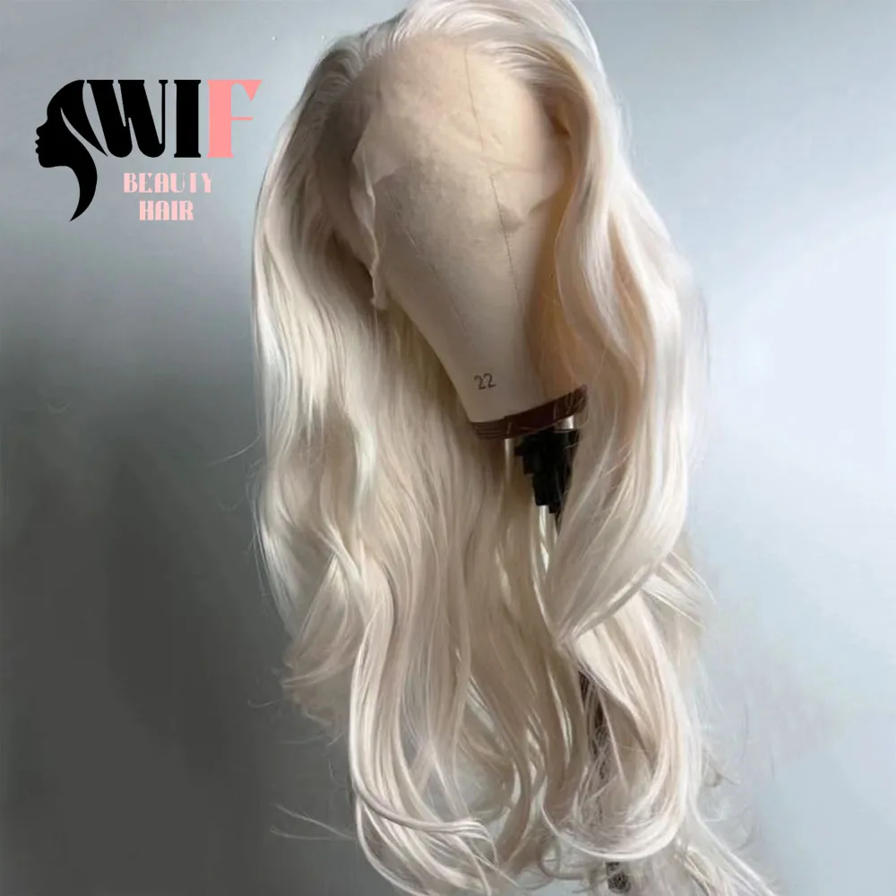 Wif Platinablonde Natuurlijke Golvende Synthetische Pruik Lang Water Golvend Wit Blond Warmtevezel Kant Voorkant Pruiken Make-Up Gebruik Dagelijks Haar