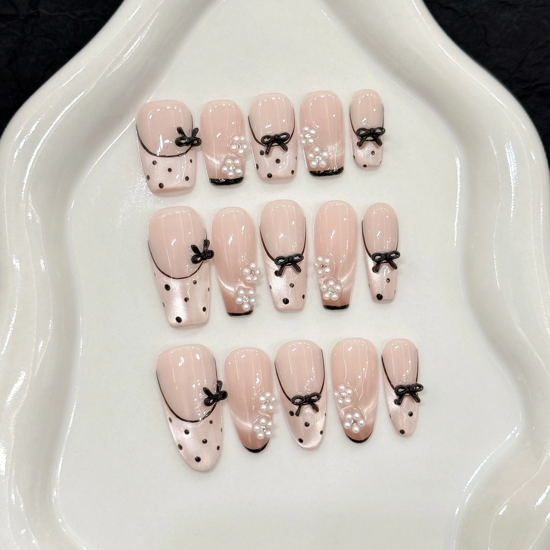 10pcs Ballerina Wearable Handmade False Nails Pink Cat's Eye Wave Point French Fake Nails Black Bowknots Decor Press On Nail
