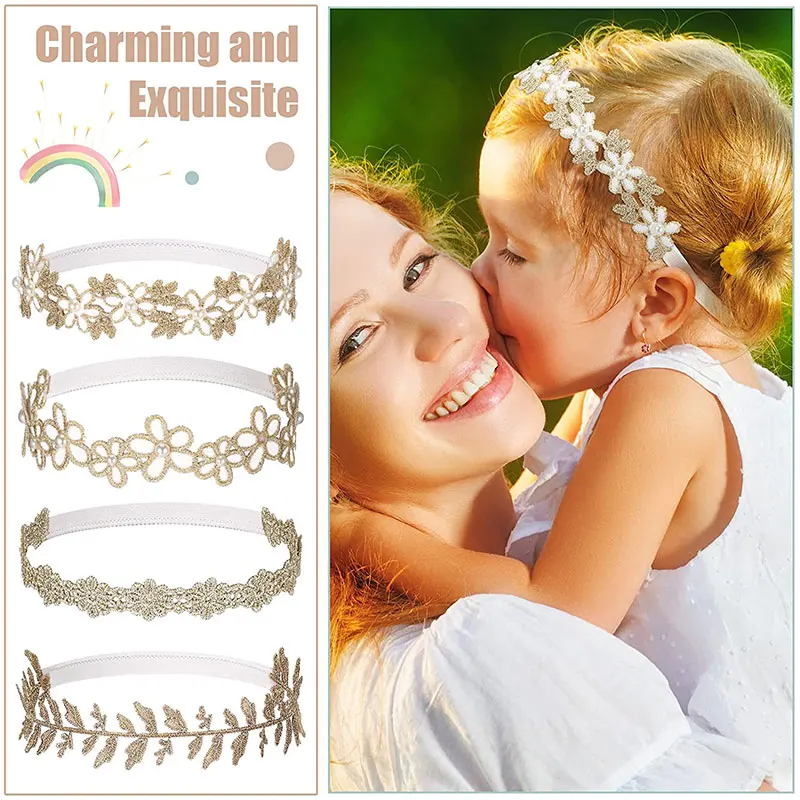 Lace Baby Girls Headbands Newborn Soft Turban Hairbands Children Toddler Pearl Hair Accessories Kids Elastic Flower Hair Bands