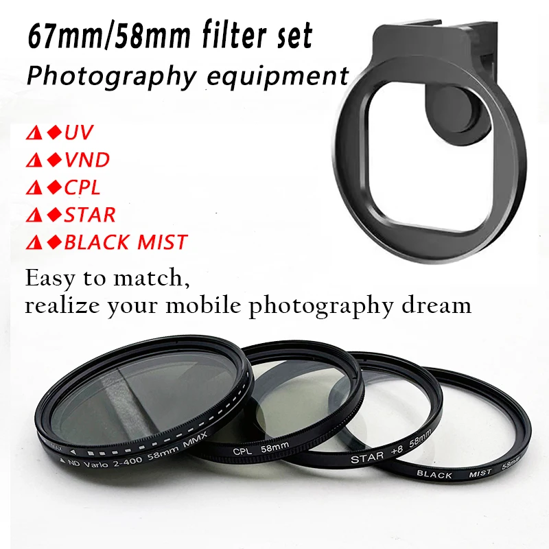 

58mm 67mm Phone Filter Set with ND Filter CPL Star Black soft Metal clip Camera Accessories for ipad Mobile Phone Canon Nikon