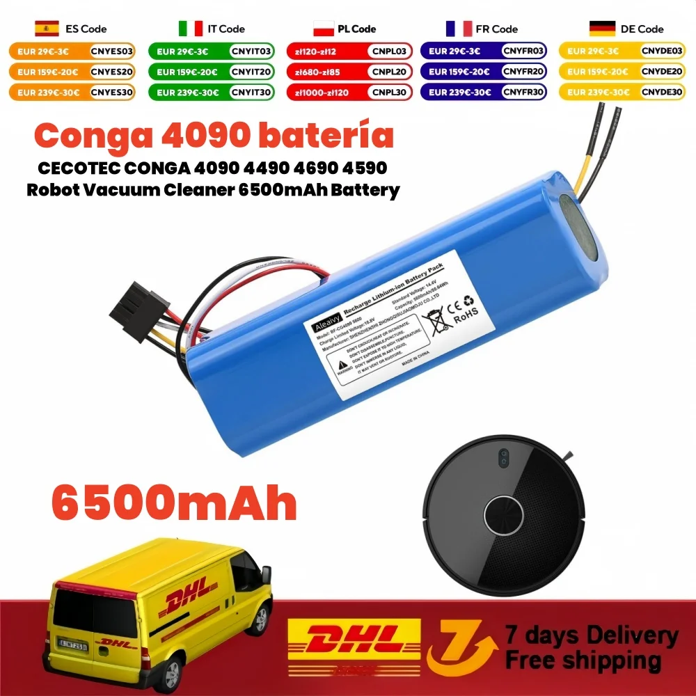 100% New 6500mAh Li-ion Battery for CECOTEC CONGA 4090 4490 4690 4590 Robot Vacuum Cleaner 14.4V 18650 4S2P Battery Packs