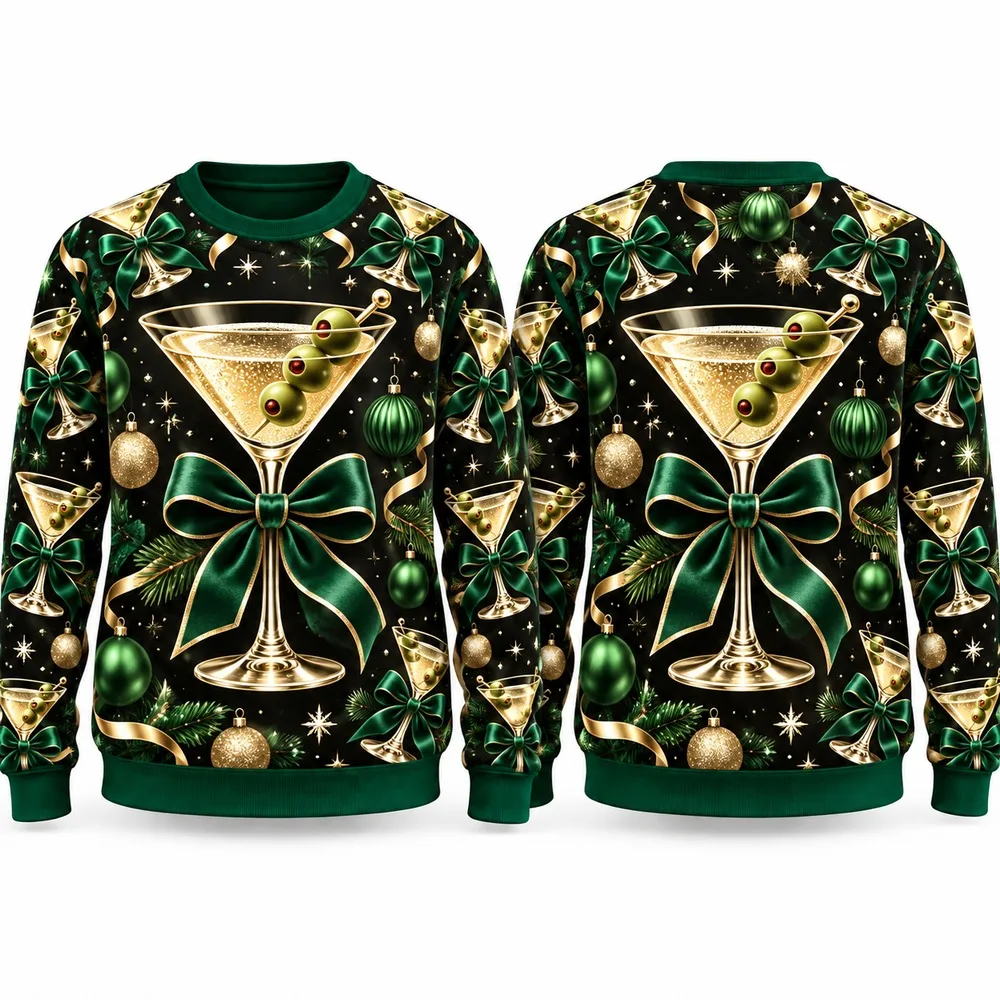 Hot Christmas Martini Glass Ugly Christmas Sweater for Men Women Festive Holiday Party Crewneck Pullover Long Funny Sweaters