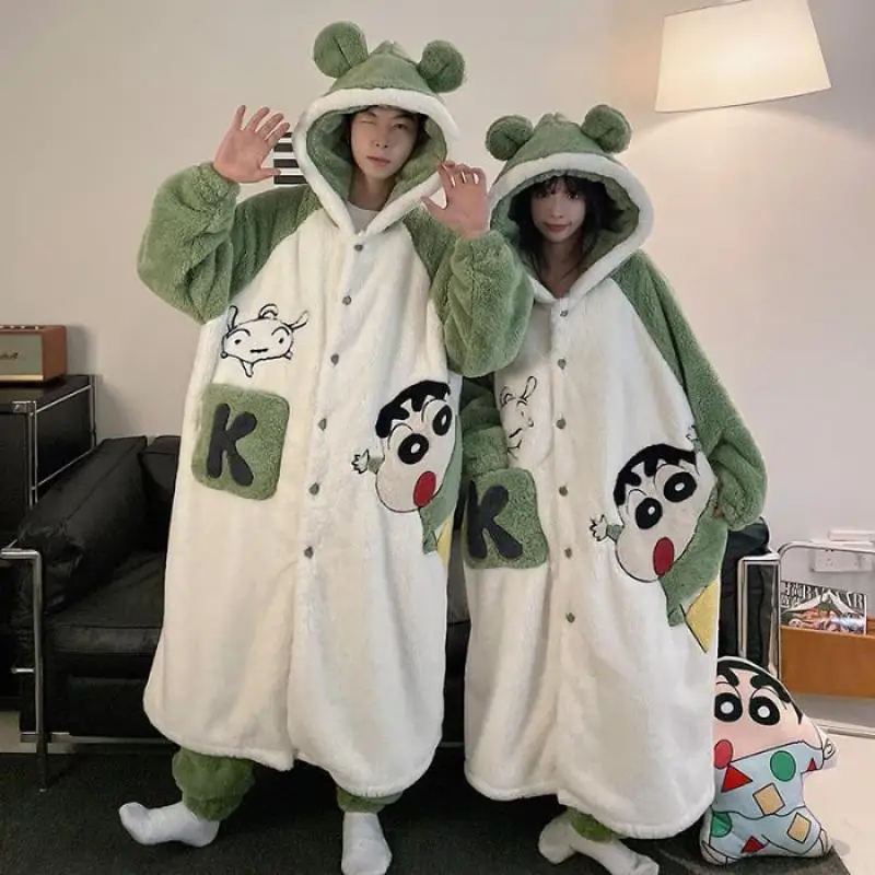 Crayon Shin-Chan Women's Men's Pajamas Set Winter Warm Couple Sleepwear Thick Coral Velvet Robe Cute Cartoon Animal Loungewear