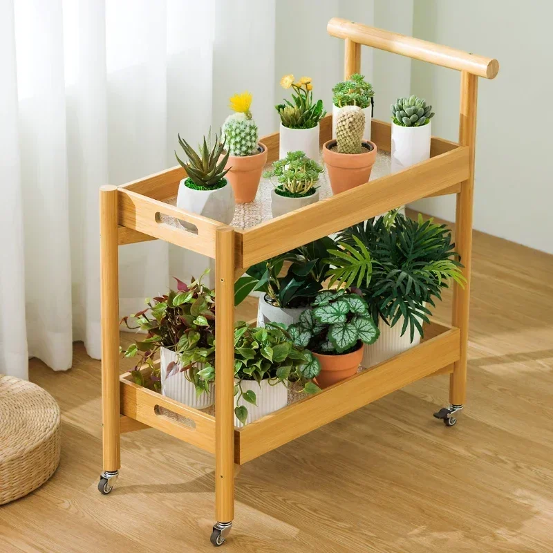 Simple Modern Double-Layer Bamboo Plant Stand Mobile Shelf Decoration with Tray Design Versatile Home Organizer Elegant Display