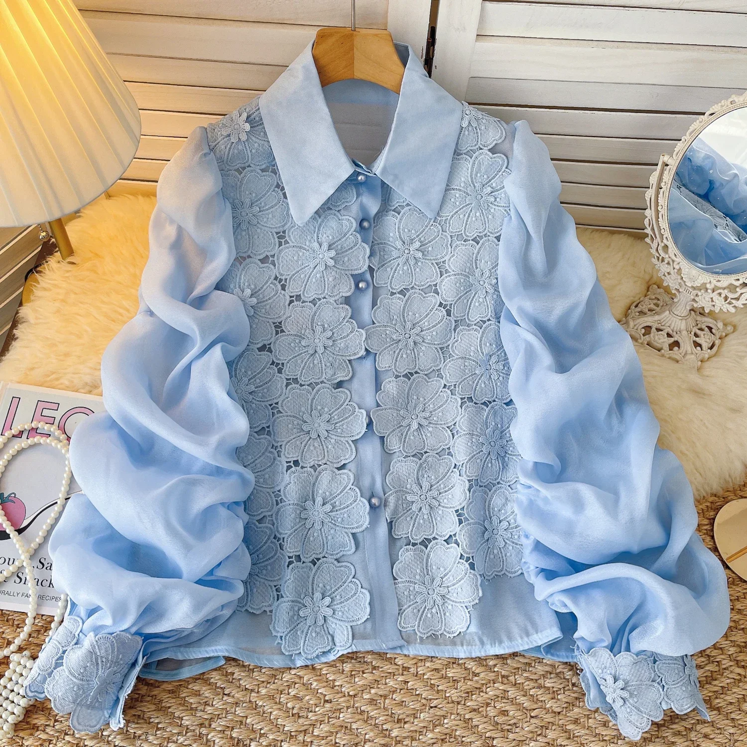 

Винтажная свободная осенняя блузка с вышивкой, корейская уличная одежда, базовые плиссированные рукава-фонарики, элегантный цветок