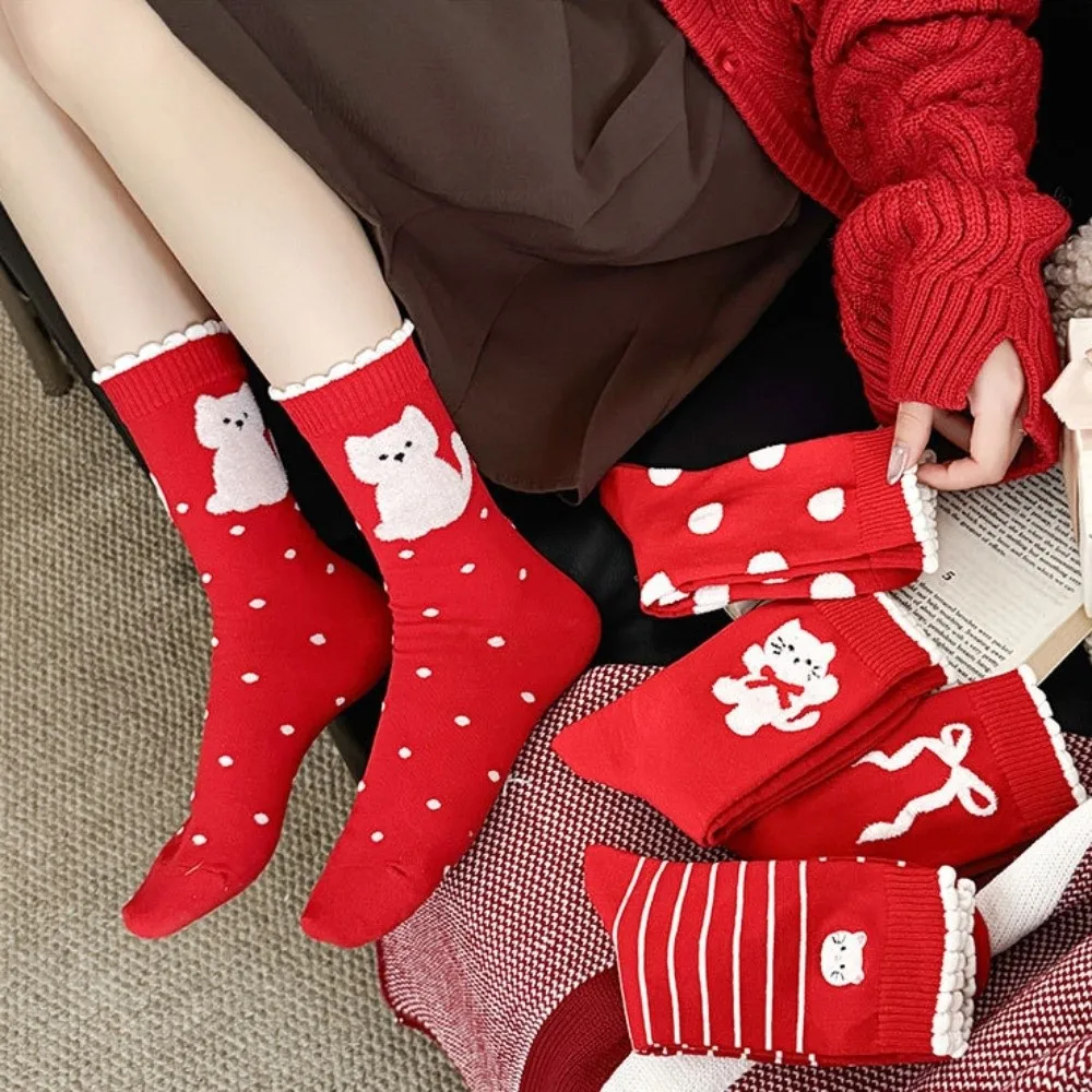 

5 Pairs Kitten Combed Cotton Red Socks Breathable Creative Polka Dot Socks Soft Comfortable Stripe Socks Lunar New Year