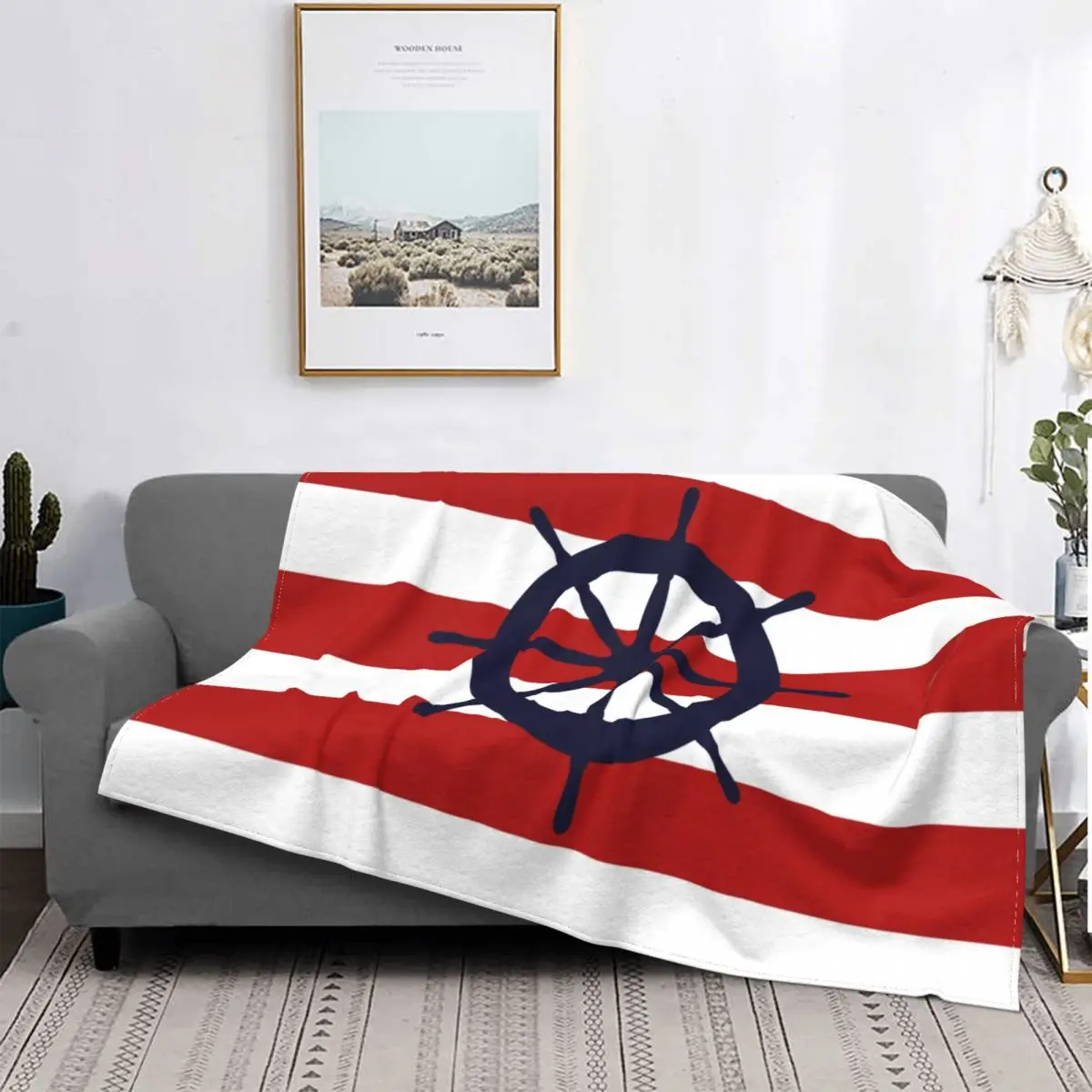 Nautical Navy Blue Blankets Soft Flannel Winter Ship's Steering Wheel On Red Stripes Throw Blanket for Couch Outdoor Bedroom