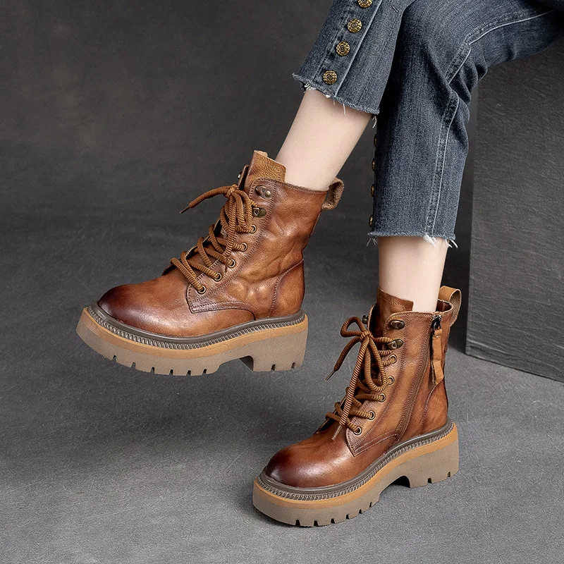 6CM Handmade Women Genuine Leather Boots Autumn Winter Round Toe Thick Heel Chunky Platform Retro Style Warm Mid Calf Boots image 3