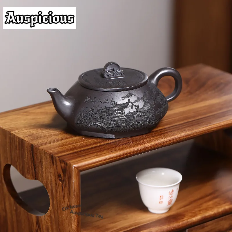 340ml Creative Yixing Purple Clay Teapots Handmade Octagonal Bridge Pot Raw Ore Black Nephrite Mud Kettle Zisha Teaset Tea Items