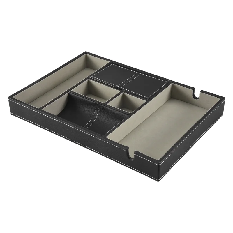 

A04G-Valet Tray For Men, EDC Tray, Nightstand Organizer, Table Organizer, Charging Station, Catch All, Dresser Tray, Black Faux