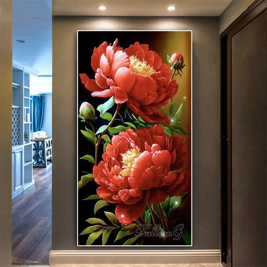 FULLCANG Full Diamond Mosaic Red Peony Flower Large Size Painting Diy Rhinestone Embroidery Floral Picture Home Decor FG1670