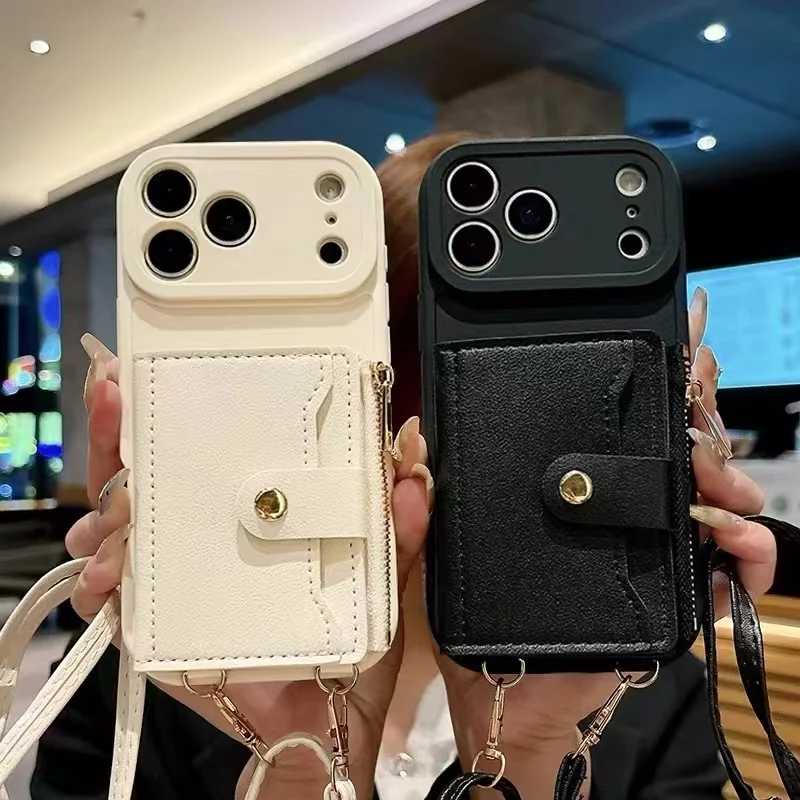 Brieftaschen-Lanyard-Hülle für iPhone 17 Pro Max Air 18 12 13 15 16 14 Plus mit Kartenfächern, Umhängegurt, Leder, modische Reißverschlusstasche – Detail 1