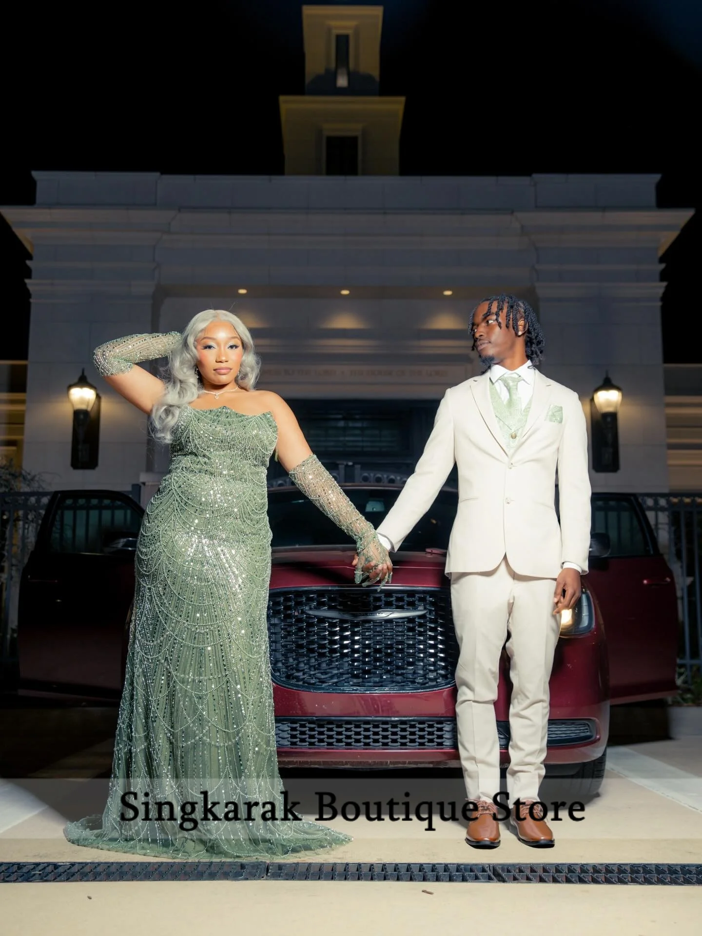 Retro Sage Green Beaded Long Sleeve Sheath Prom Dress Couple Matching Wedding Party Formal Gown Customized