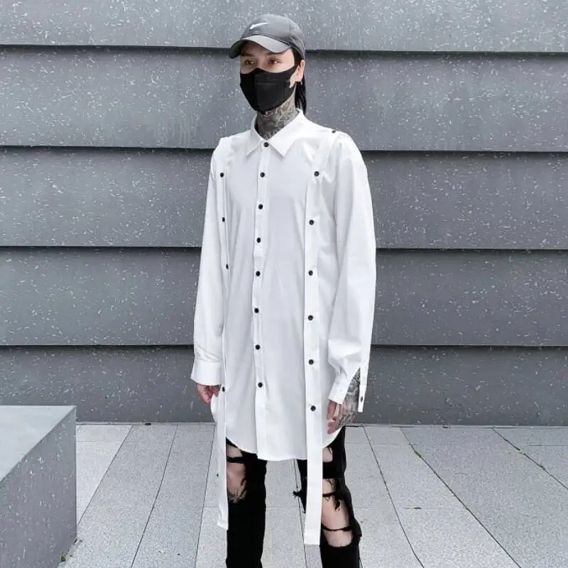HKSH Spring Summer New Men Tide Dark Button Shirt Ribbons Long-sleeve Loose Trend Shirts Chic Ins Punk Gothic Korean Top HK22372