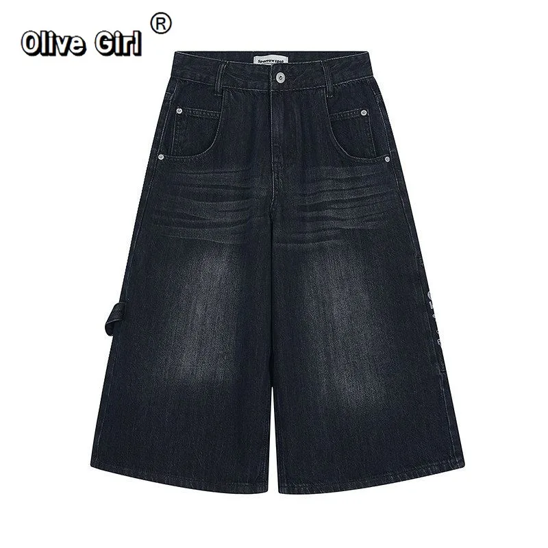 Olivegirl Women's Summer Retro American Letter Print Wide Leg Jeans Loose Slim Seven-Foot Pants Pear Body Shape Casual Wear