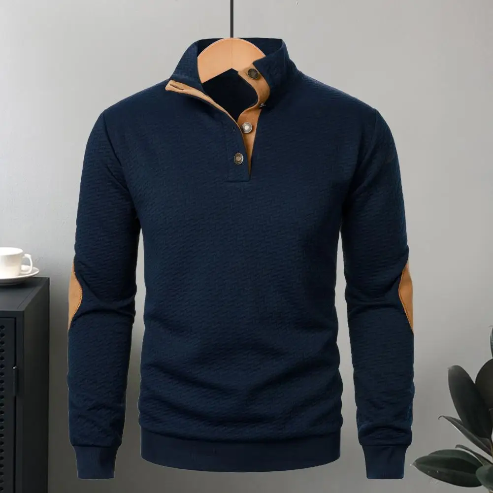 Long Sleeve Top Button Top Stylish Men's Patchwork Sweatshirt with Stand Collar Elastic Cuffs Wear Top for School or Work