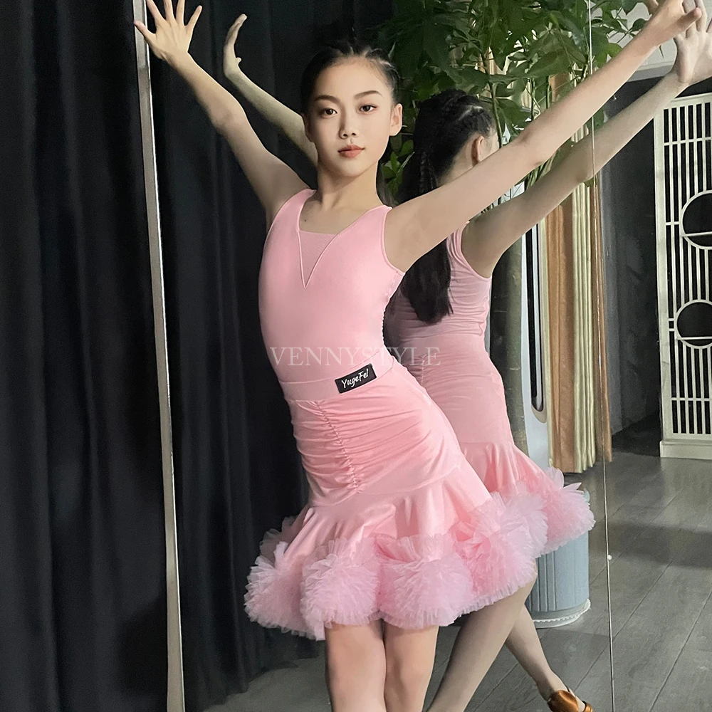 ベニースタイル ラテンダンスドレス ピンク オフショルダートップス フレアスカート付き 練習用 パフォーマンスセット ガールズ ラテンダンス衣装
